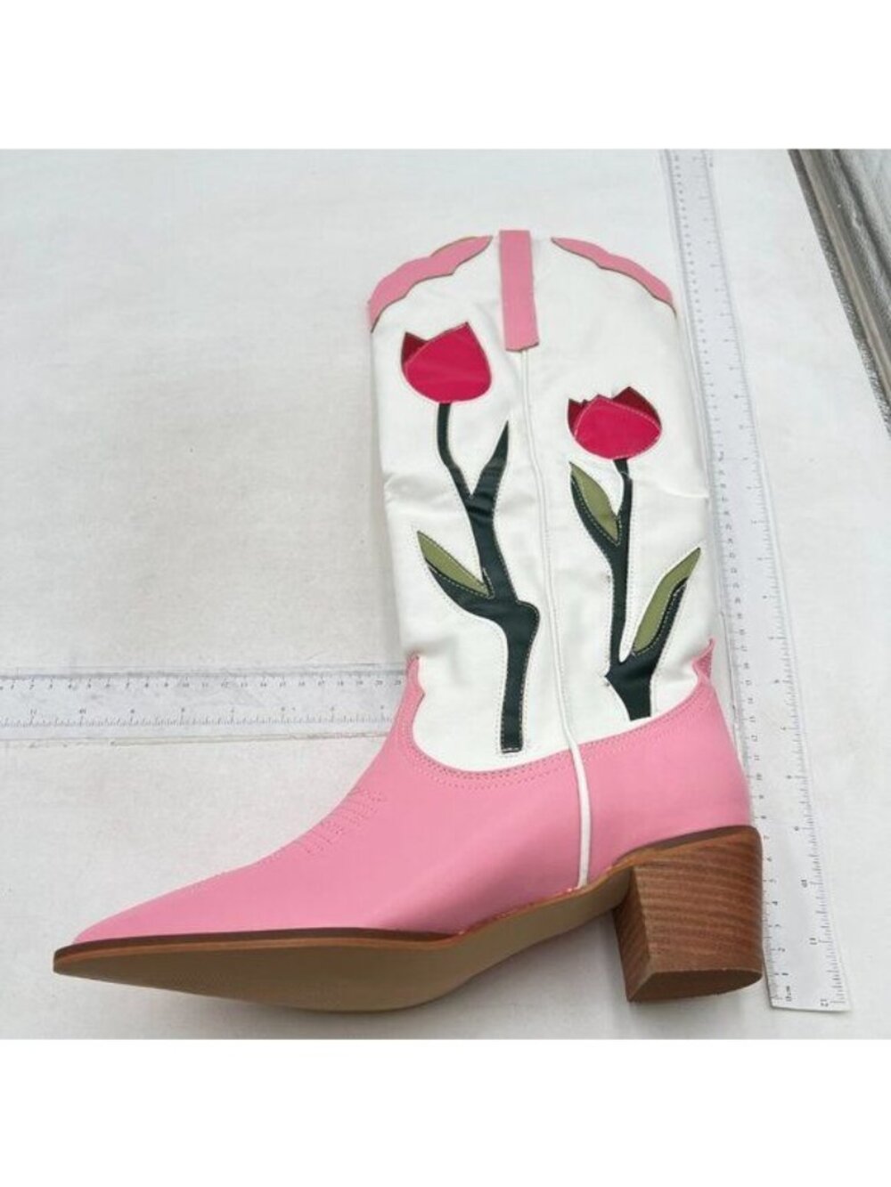 Womens Miss Kate Floral Tooled Inlay Snip Toe Dress Boots Mid Calf Mid Heel Pink